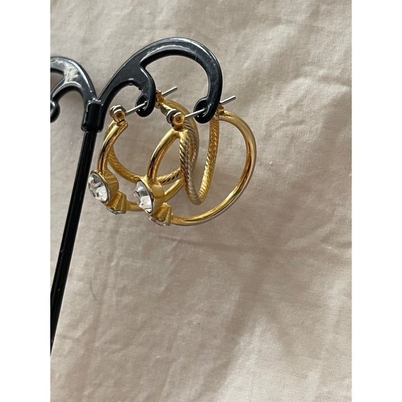 Vintage Double Hoop Vintage Look Gold / Silver Tone Rhinestone Pierced Earrings - Picture 5 of 12